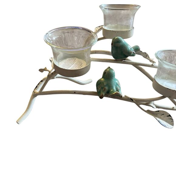 Metal Branch Centerpiece Candle Holder Blue Birds White Patina Whimsical Cottage - Picture 3 of 8